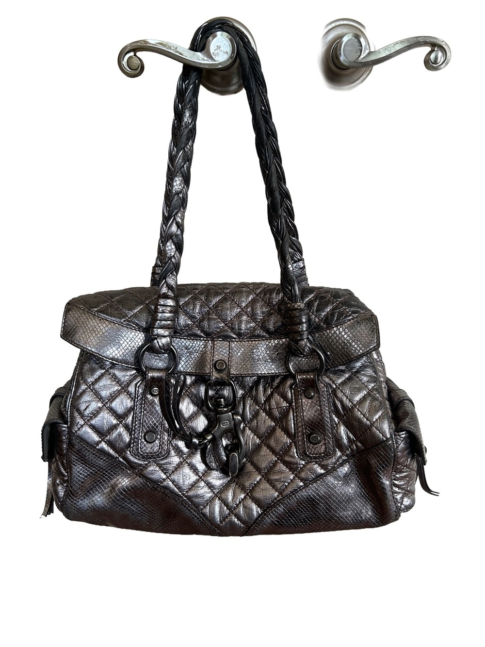 Vintage Francesco Biasia Silver Metallic Quilted Leather Secret Love Bag Y2K OS